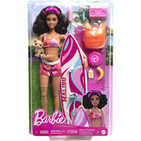 Barbie Doll With Surfboard And Puppy, Poseable Brunette Barbie Beach Doll 12"