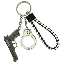 Pistol, Cuff and Rope Keychain - Silver